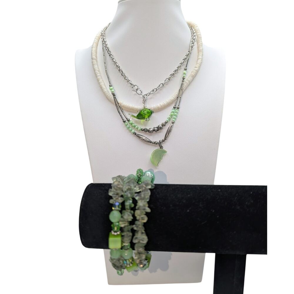 Lot of 3 Green Silver Tone Theme Boho Necklaces and a Beaded Wire Wrap Bracelet